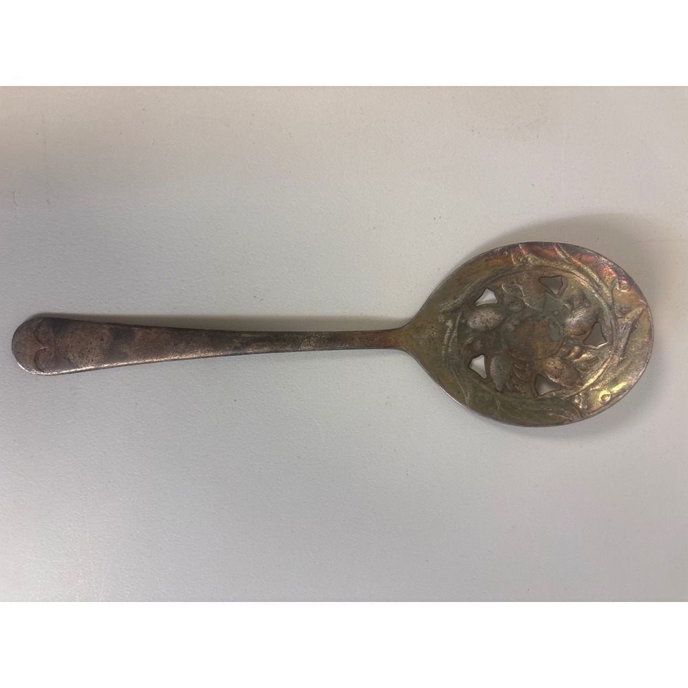Antique Silver Plated Pierced Berry Sugar Sifter Spoon Floral Repousse 5.25in